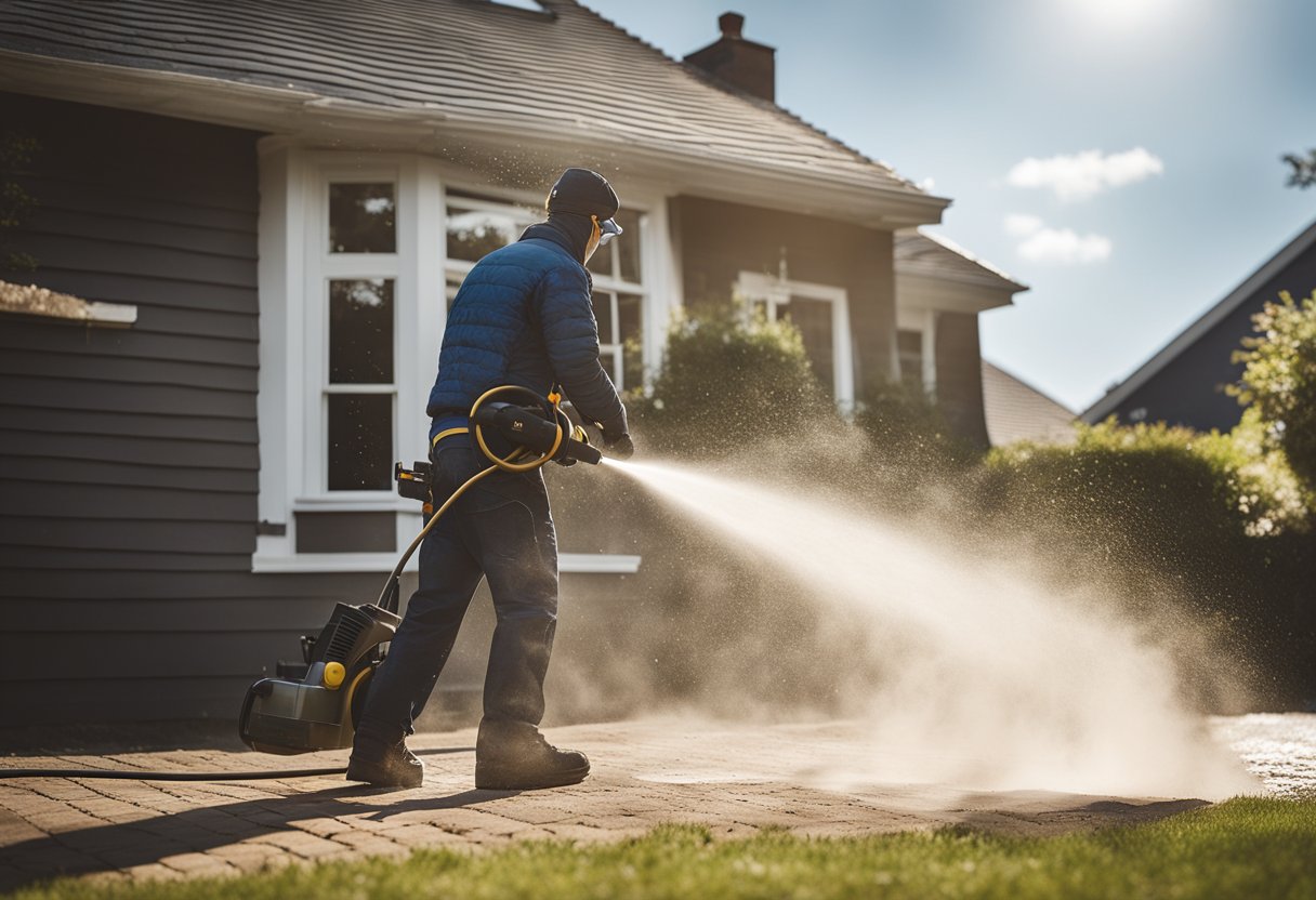 A pressure washer blasting away dirt and grime from the exterior of a house, revealing its clean and refreshed appearance