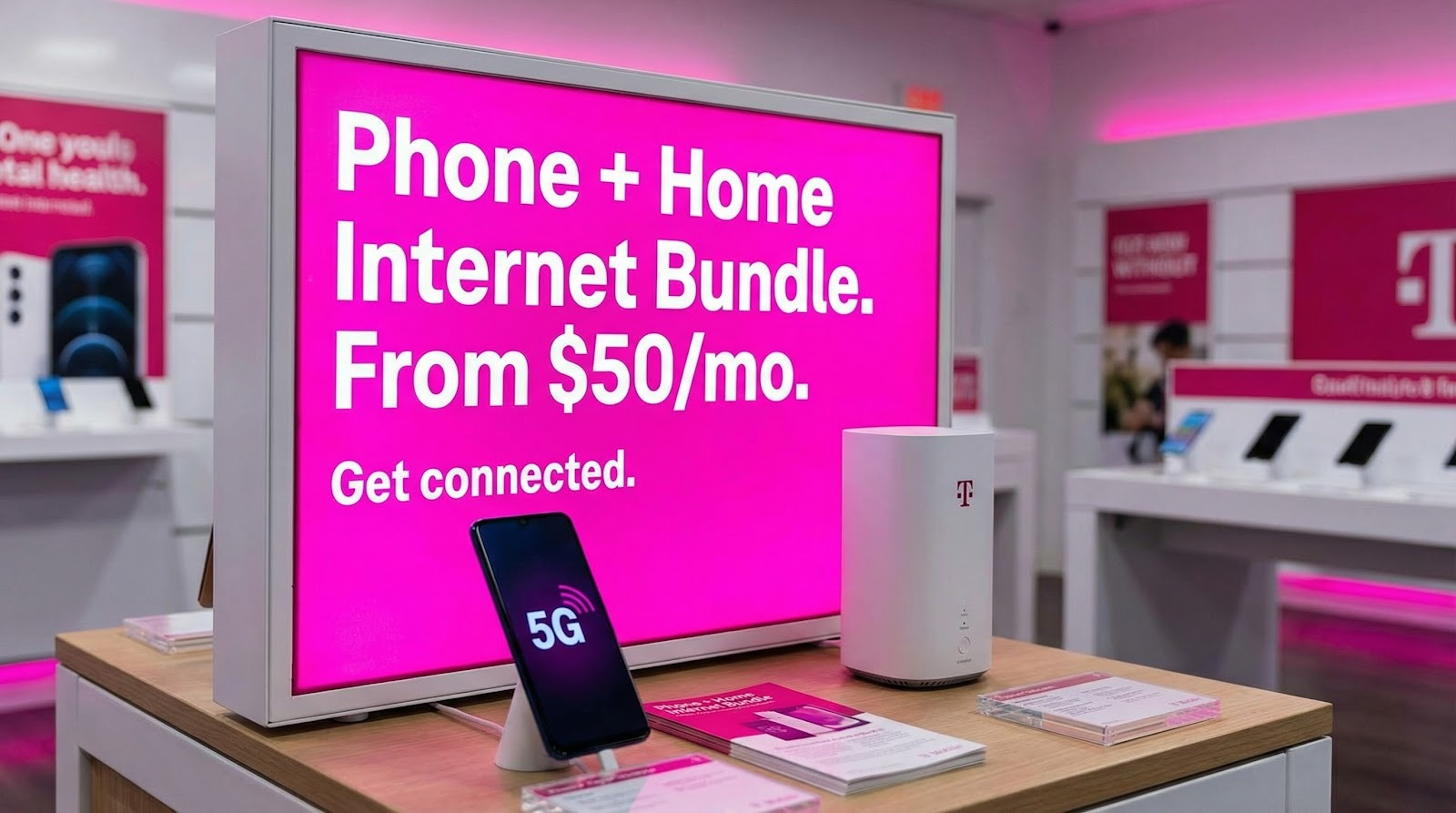 5G home internet is newer and less familiar; a screenshot of T-Mobile’s bundle page clarifies what product the text refers to and visually reinforces the idea of one flat bill for home and mobile data.