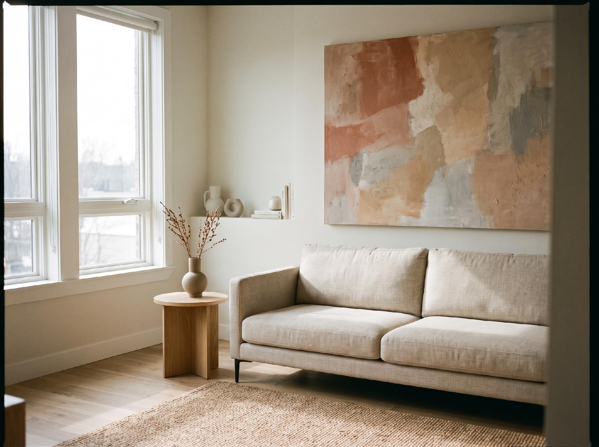 A large statement canvas instantly anchors a rental living room without a full gallery wall.
