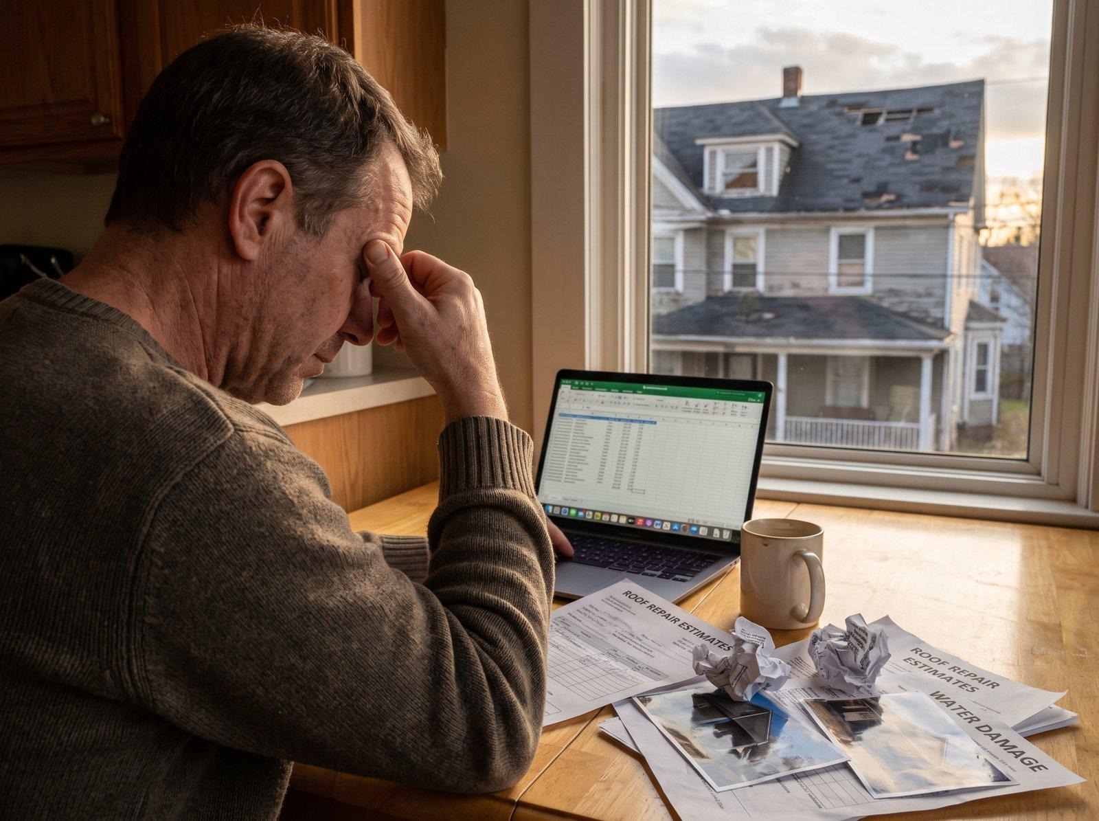 Landlord reviewing damage estimate paperwork beside a rental house with missing shingles